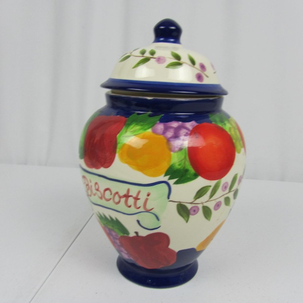 Nonni's Hand Painted Biscotti Cookie Jar Gasketed Lid Tuscany Fruit French